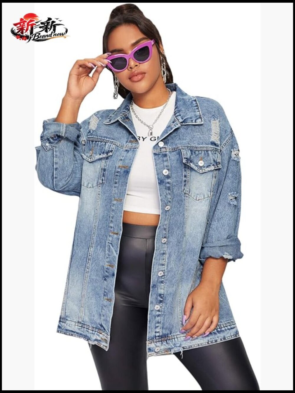 Plus Size Ripped Distressed Long Sleeve Denim Jacket with Pockets